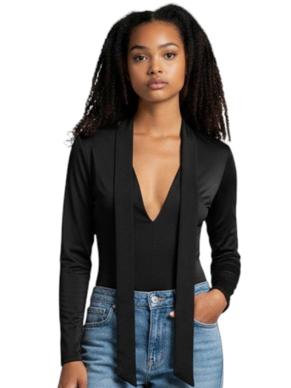 Guess Bodysuit Draped Tie V Neck Long Sleeve Zip Back Snap Stretch Black Size S